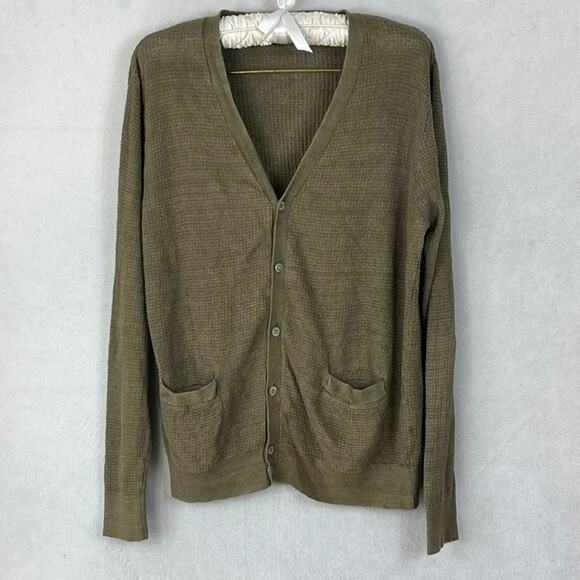 Suitsupply Cardigan Men's Large Tan Green V-Neck Button Up 100% Linen Pockets - Picture 1 of 7
